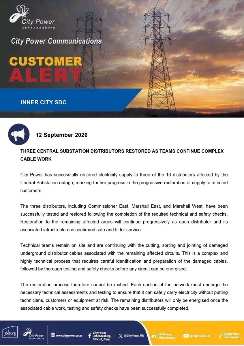CityPowerJhb's tweet photo. #InnerCityOutage #CityPowerUpdates 

Kindly see the attached Central Substation Customer Alert. ^MJ https://t.co/ZvjLoz1NfN