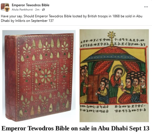 alulapan's tweet photo. Should #Austrian dealer @inlibris_at  sell Emperor #Tewodros #Ethiopia/n #Bible looted by the #British at #Magdala at #AbuDhabi book fair tomorrow?  Read:
https://t.co/rhpvd4OizV https://t.co/AqEyBbKRje