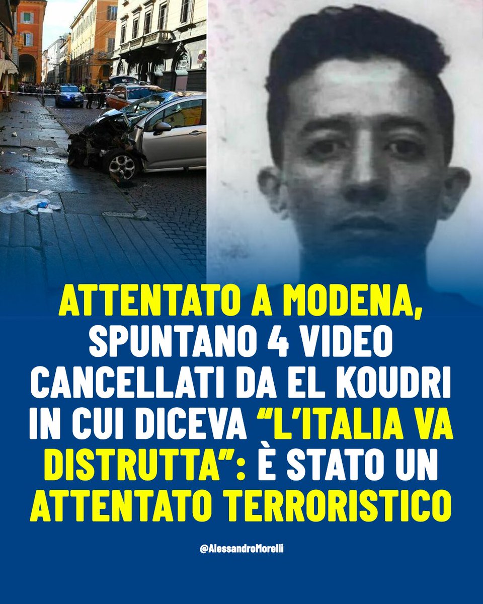 AMorelliMilano's tweet photo. El Koudri è un terrorista!
Il giornalista Fausto Biloslavo ha trovato quattro video registrati da El Koudri nelle 48 ore precedenti alla strage di Modena, nei quali avrebbe affermato che “l’Italia va distrutta”, oltre ad attaccare ebrei, cristiani e presunti “poteri forti”.

Per mesi la sinistra ci ha detto che era “matto”, arrivando perfino a dire che fosse colpa della nostra società. Ma la verità, alla luce dei video trovati da Fausto Biloslavo, è che El Koudri, che si è lanciato sulla folla a Modena provocando una vittima e diversi feriti gravi, non è altro che un terrorista e va punito come tale! E tu che cosa ne pensi?
#elkoudri #terrorismo #terrorista #immigrazione #immigrati #modena #islam #jihad