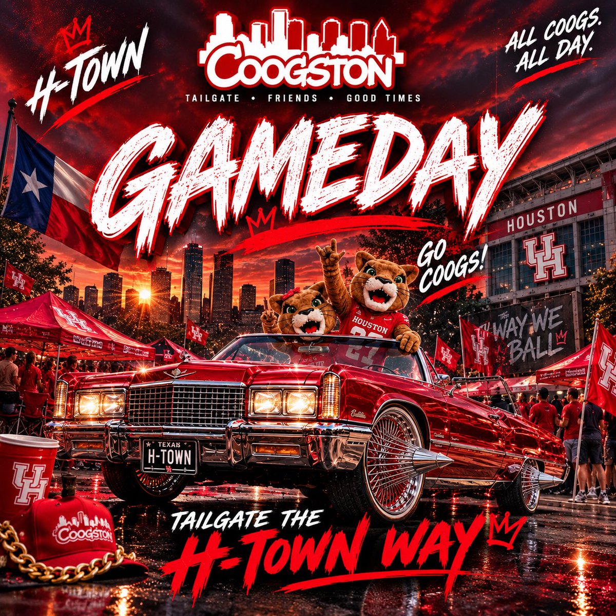 Coogston's tweet photo. Wake up Coogs!! It’s GAMEDAY!!

Tailgate EARLY! Wear RED! and Be LOUD! 

#Coogston #GoCoogs #Houston #Tailgate https://t.co/JPdI4miidM