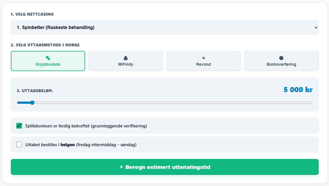 HenrikSolbergNO's tweet photo. Lei av å vente på casinogevinster? ⏳⚡
Med vår nye Uttakskalkulator kan du enkelt sjekke hvor lang tid uttaket tar – enten du bruker Krypto, Revolut, MiFinity eller bank!
Test ditt casino og se estimert tid her 👇
https://t.co/KljfgcFAiF
18+ | Spill ansvarlig https://t.co/rey9ZNjmef