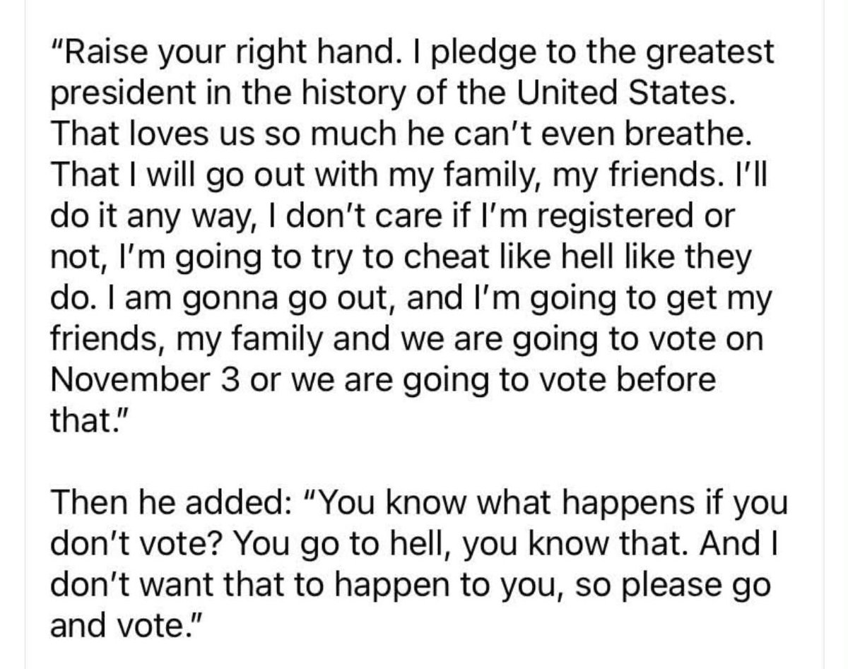 AnnieForTruth's tweet photo. This is a direct quote from Trump at the RNC midterm convention this week. He TOLD his supporters to pledge their allegiance to HIM, the king and wannabe dictator, and cheat in the November election. 🤬 This is what dictators do. WAKE THE FUCK UP MY FELLOW AMERICANS. #VoteBlue 🇺🇸 https://t.co/TioLQris07