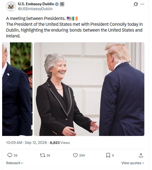 nwl88444048's tweet photo. RTE News homepage 3.45pm Sat 12 September 2026

They don't appear to be huge fans of President Trump!

They also don't appear to be huge fans of news. Is that stern-looking President Connolly the same woman shown in the Tweet by the US embassy in Dublin? Is a protest with less than 5,000 in Dublin on a Saturday afternoon the top news? And as for what President Trump said today, does "vicious bastards" trump "wooo, that immigration and what you are doing to yourselves, you’re just killing yourselves"?