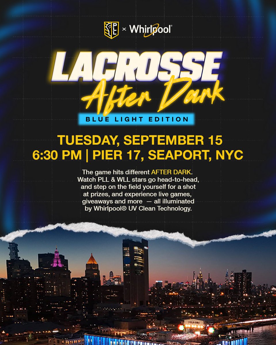 PremierLacrosse's tweet photo. The PLL and @WhirlpoolCorp are taking over the NYC waterfront for a night of lights-out lacrosse. 🥍

📍 Pier 17
🔥 Lacrosse After Dark - Blue Light Edition
🎧 Live DJ
💰 Cash prizes

See you there: https://t.co/COb8GcZNcM https://t.co/N5GtzOVOm8