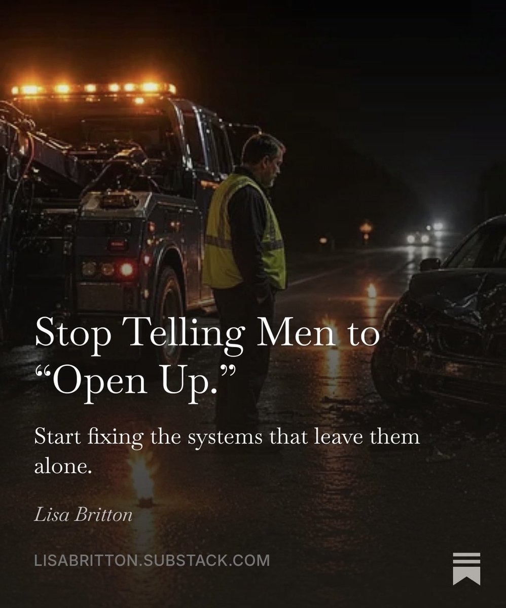 LisaBritton's tweet photo. When addressing men’s mental health, too many people just say “men need to open up more.” Ridiculous. I want to address the actual problems, like how first-responder tow truck drivers, 96% male, don’t receive the same mental health benefits as other first responders.

A weekend read from me over on S: https://t.co/VzIoqfr8m0