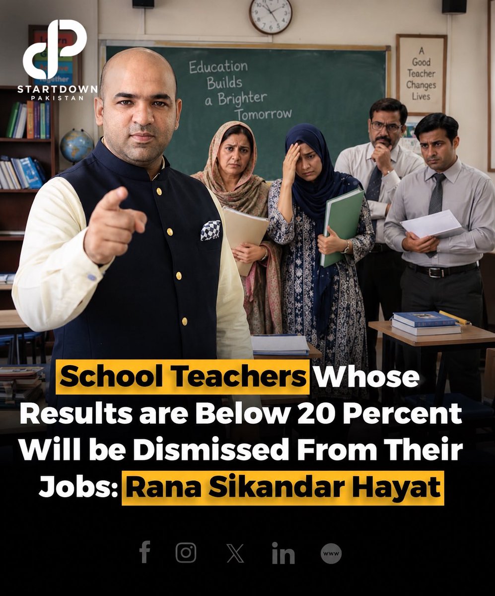 thepakistantp's tweet photo. Punjab Minister Rana Sikandar Hayat has w@rned that teachers could be dismissed if their schools repeatedly record results of 20% or below. Around 2,200 schools have reportedly been identified for close monitoring under a new data-based performance.
#PunjabEducation #Teachers https://t.co/XokmPoFxnu