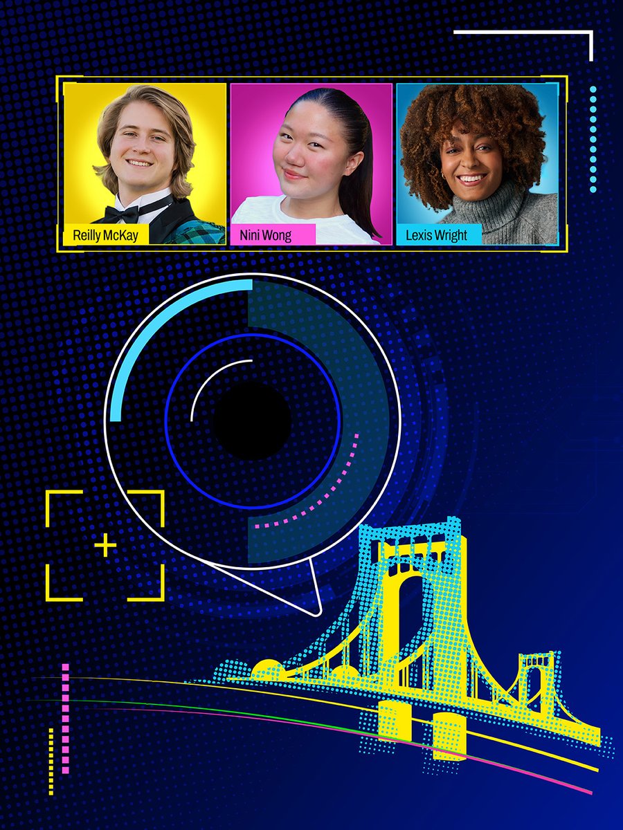 Three portraits at the top: Reilly McKay, Nini Wong, and Lexis Wright, each in a colorful frame. Below is a stylized illustration of a Pittsburgh bridge on a dark blue, futuristic background with abstract geometric shapes.