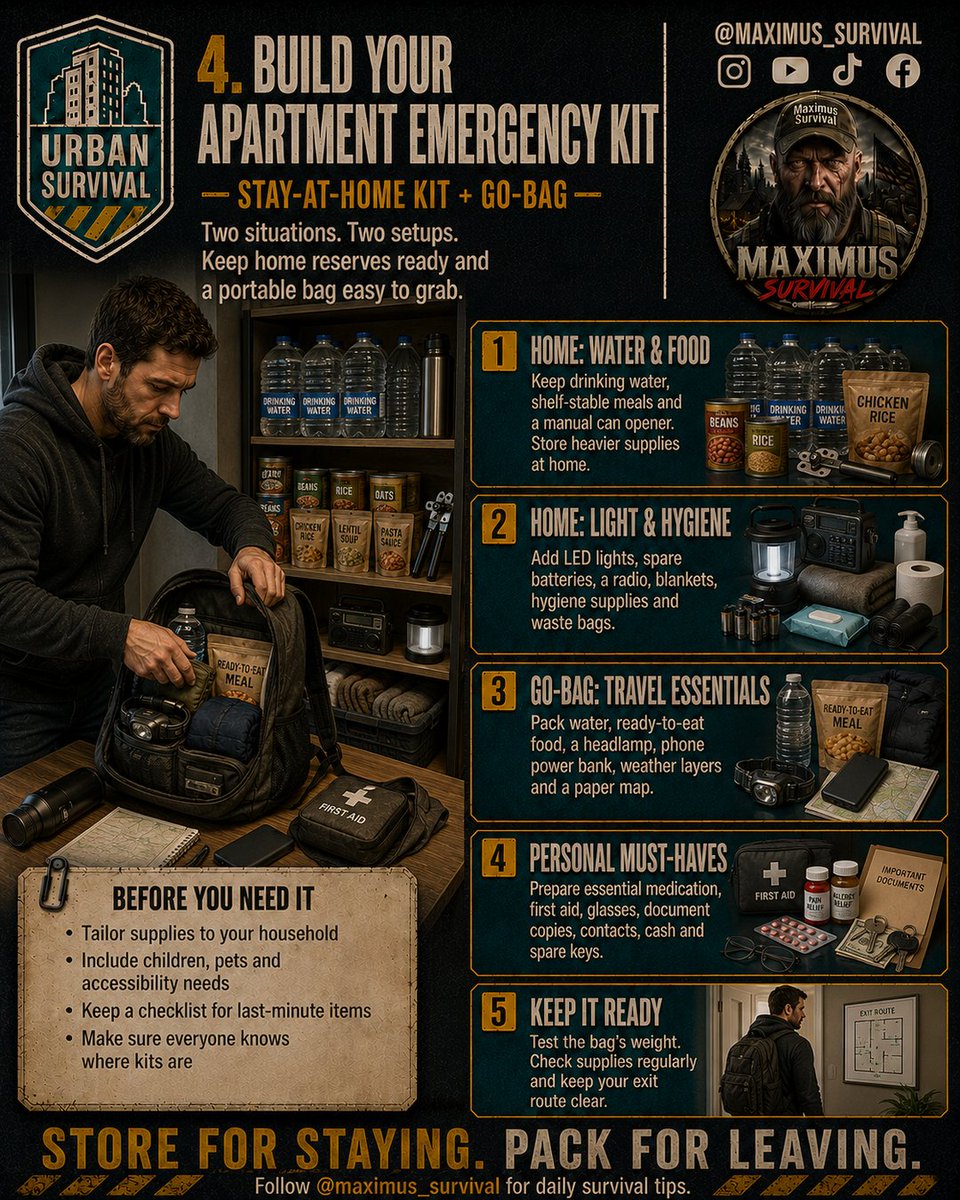 Maximus_Survive's tweet photo. 4️⃣ BUILD YOUR APARTMENT EMERGENCY KIT

#EmergencyKit #GoBag #StayBag #ApartmentSurvival #UrbanSurvival #Preparedness #BugOutBag #EmergencyPreparedness #SurvivalGear #MaximusSurvival https://t.co/xP0oJ9eLJm
