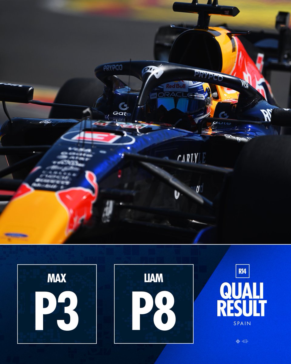 redbullracing's tweet photo. Full send on Sunday 👊

Max will attack from the second row, with Liam starting from P8 in Madrid 💙

#F1 || #SpanishGP 🇪🇸 https://t.co/FEcHDIv8l4