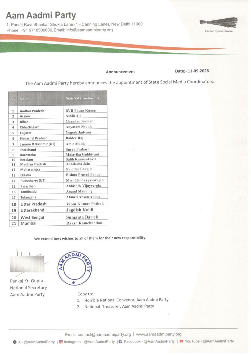 AamAadmiParty's tweet photo. The Aam Aadmi Party hereby announces the appointment of State Social Media Coordinators. https://t.co/9dCAGLhh29