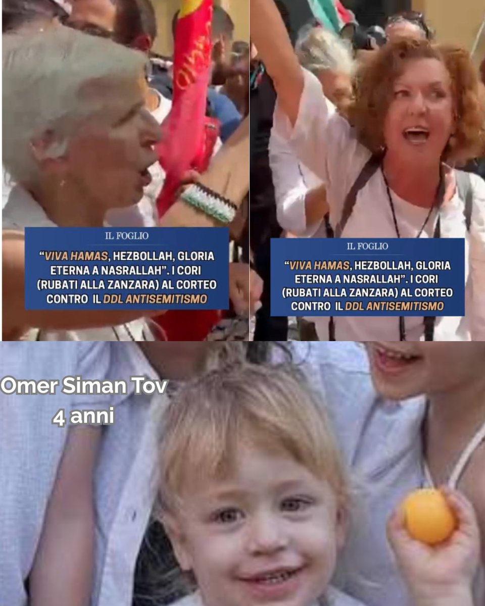 Free4futur99001's tweet photo. Giorno 3. Una al giorno. Tutti i giorni. Finché non saltano fuori i nomi. Il bimbo della foto è Omer Siman Tov , 4 anni, kibbutz Nir Oz. E stato bruciato vivo dai terroristi di Hamas nella sua casa, insieme alle sorelline Shahar e Arbel, gemelline di 5 anni, al padre Yonatan “Johnny” Siman Tov, 36 anni e alla madre Tamar Kedem Siman Tov, 35 anni.
Anche la nonna paterna, Carol Siman Tov, è stata trucidata nello stesso attacco, il 7 ottobre 2023
Le due donne invece non sappiamo ancora chi sono.  Girano voci che siano insegnanti. Vogliamo sapere chi sono e - se sono insegnanti - vogliamo che non entrino mai più in una scuola italiana.
@Piantedosim
@G_Valditara
sta già passando troppo tempo: chi sono queste due donne che inneggiano a terroristi stupratori assassini sterminazionisti?