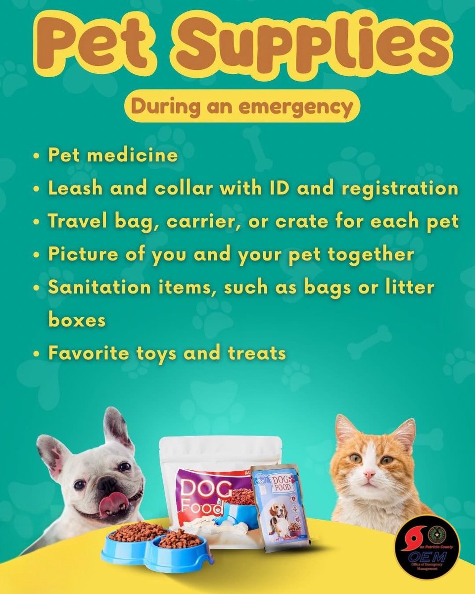 SanPatCountyOEM's tweet photo. September is National Preparedness Month!  
Don't forget to pack emergency kit items for your pets! 🐶😺

🐾 Pet food, bowls, and water.
🐾 Leashes and collars.
🐾 Vet documents and photo of you and your pet. https://t.co/HM5GcfGsFh