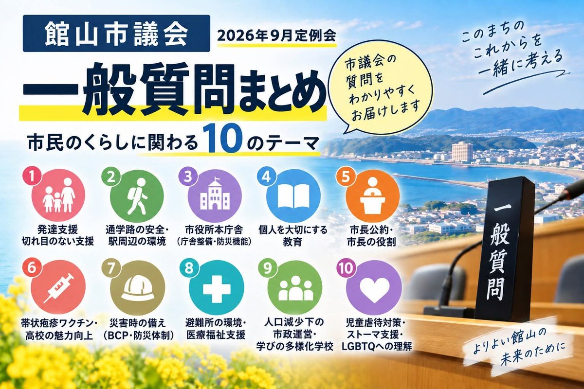 higashi_dyp's tweet photo. 9月3・4日に行われた館山市議会の一般質問について、内容をまとめました。

私の一般質問
https://t.co/4pV7KPFcLj

他の議員の一般質問まとめ
https://t.co/ztr2BeSiR0

よかったらご覧ください！ https://t.co/KMLMEJFnIb