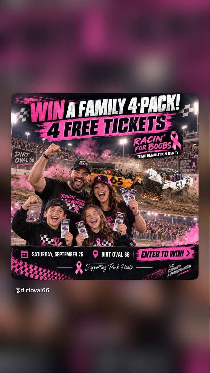 dirtoval66's tweet photo. 🎀💥 WIN A FAMILY 4-PACK TO RACIN’ FOR BOOBS! 💥🎀

Our FINAL Team Demolition Derby of the season is coming to Dirt Oval 66 on Saturday, September 26—and we’re giving one lucky family FOUR FREE TICKETS!

HOW TO ENTER:

🎀 Follow Dirt Oval 66
🎀 Like this post
🎀 Comment and tell us who you’re bringing
🎀  Help us spread the word and fill the grandstands with PINK!

Then get ready to watch four teams battle it out in America’s Original Team Demolition Derby:

💚 Mean Green Machine
🧡 Orange Crush
💙 Killbillies 
🖤 Reckoning

Plus, our two women’s teams are ready to bring the hits:

💥 Double D Destroyers
💥 High Risk

💥💥 And don’t forget the DIRTY O SPECTATORS! 

🎸 Modern Legacy will be playing live under the grandstands during our pre-event party!

🎀 RACIN’ FOR BOOBS FESTIVITIES:

💗 Banging for Boobs—donate, bang and smash a car with a bat!
🩷 WET T SHIRT CONTEST you can bring your Mother to 😜 
💗 Over-the-Shoulder Boulder Holder Relay Race
💗 A grandstand-wide PINK OUT
💗 More games, fundraising and surprises throughout the night!

All donations raised during the event will go to PINK HEALS.

📅 Saturday, September 26
🚪 Gates open at 4 PM for tailgating
🏁 Team Demo begins at 7 PM
📍 Dirt Oval 66

Wear your pink and help us turn the entire grandstand into a sea of pink—because together, we can fight cancer! 🎀

Tickets are going quickly, so don’t wait! Grab yours now and watch our page for the Family 4-Pack winner!

#RacinForBoobs #FamilyFourPack #TeamDemolitionDerby #PinkOut #PINKHEALS #DirtOval66 #TheDirtyO #WideOpenEntertainment