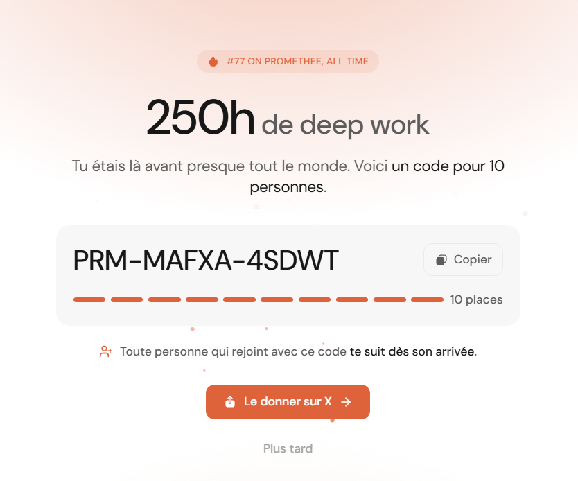 QuentinMcln's tweet photo. 250h de deep work sur Promethee.
Voici un code qui fait entrer 10 personnes, premier arrivé, premier servi : PRM-MAFXA-4SDWT https://t.co/BIKXzNp4Jk