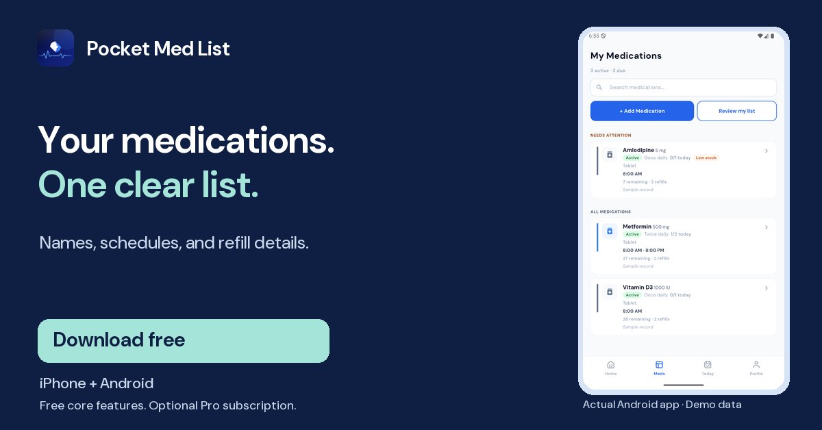 PocketMedList's tweet photo. Your medications. One clear list.

Keep names, schedules and refill details together. Invite someone you trust to help.

Pocket Med List for iPhone &amp; Android. Free core tools; optional Pro.

iPhone: https://t.co/NGoBR5gluY
Android: https://t.co/WeW0EIV4mA https://t.co/U8Nd3Rzhjq