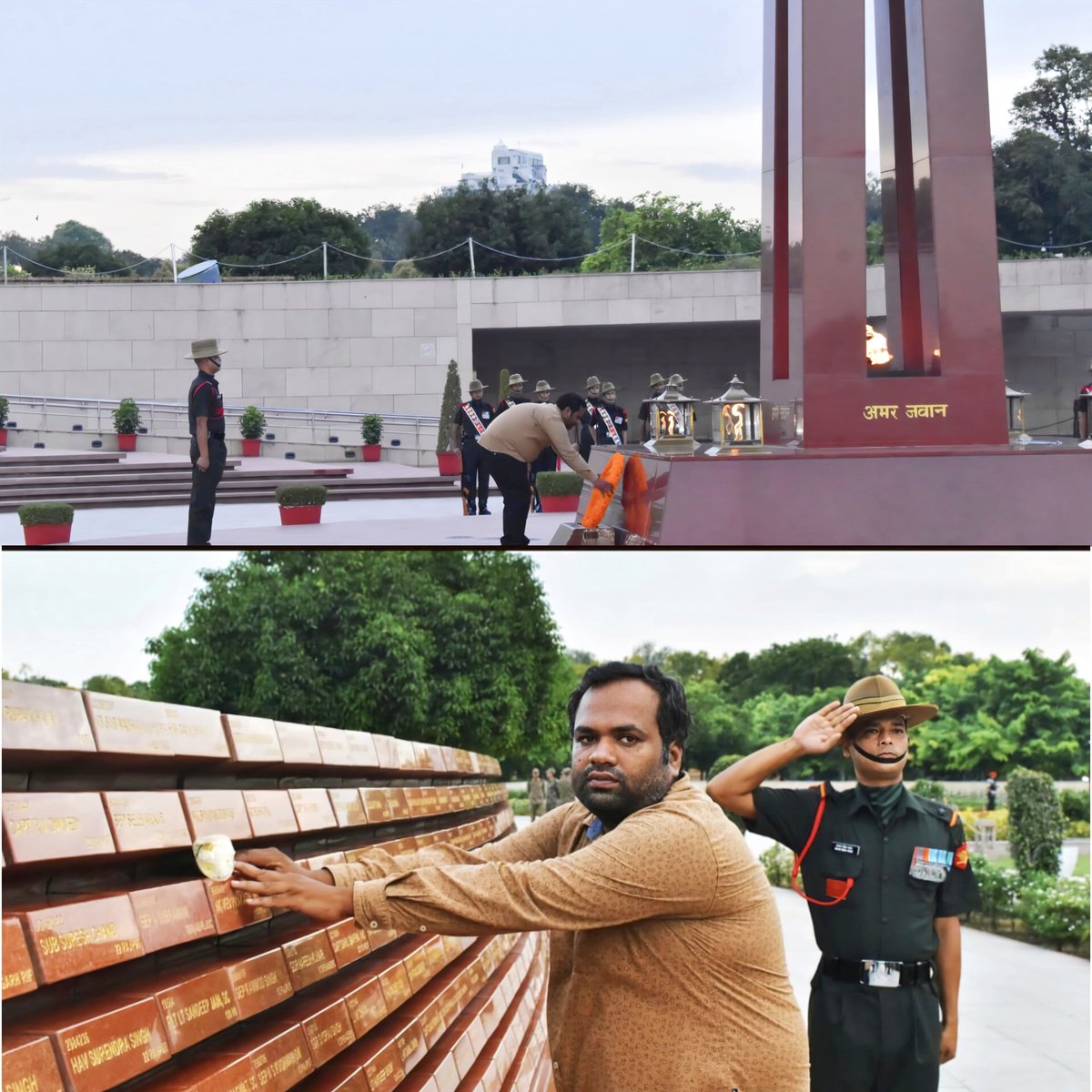 salute2soldier's tweet photo. From glaciated heights of #Siachen to the eternal flame at #NationalWarMemorial.
​Laxman Singh Chauhan today paid solemn homage to his father  Nk Vedprakash Singh, vir chakra, who heroically destroyed an enemy post at the highest battlefield.
​Saluting his supreme sacrifice. 🇮🇳🫡 https://t.co/5gQaqKzyMt