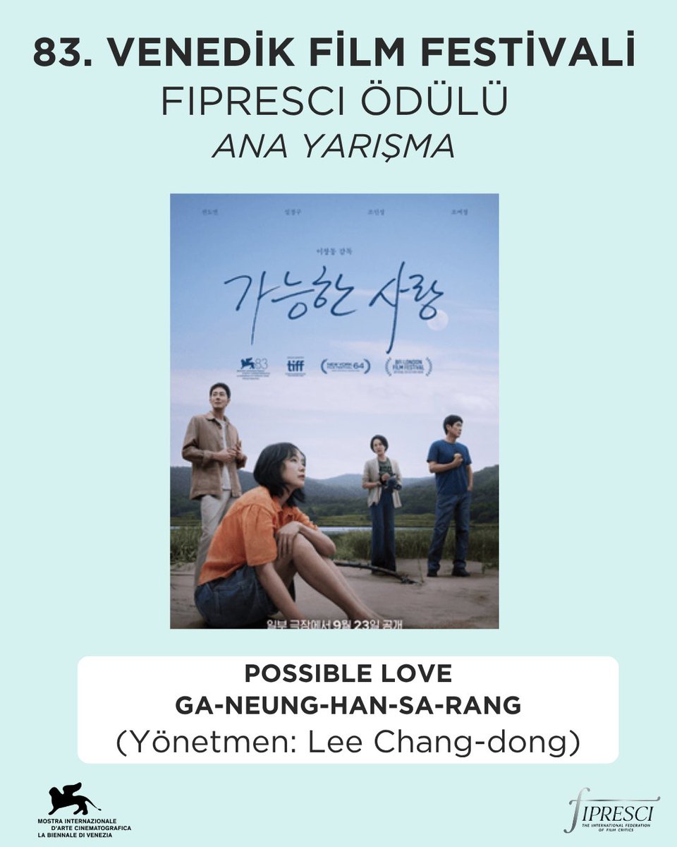 Siyad_'s tweet photo. 🦁 83.⁠ ⁠Venedik Film Festivali'nde, aralarında SİYAD’ı temsilen Berke Göl'ün de yer aldığı FIPRESCI jürisi Ana Yarışma'da Lee Chang-dong'un “Possible Love ”, Orizzonti/Critics' Week bölümlerinden ise Xavier Tera'nın “The Color of the Sun” filmlerini ödüllendirdi. https://t.co/hR67DnRzAj
