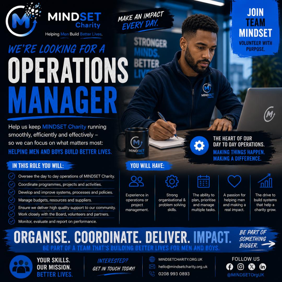 MINDSETOrgUK's tweet photo. MINDSET is looking for an Operations Manager to help keep our programmes, projects &amp; community support running smoothly—so we can focus on what matters most: helping men &amp; boys build better lives.
Your skills
Our mission
Better lives
Join Team MINDSET
#MINDSETCharity #Operations https://t.co/6YlQukZ2vo