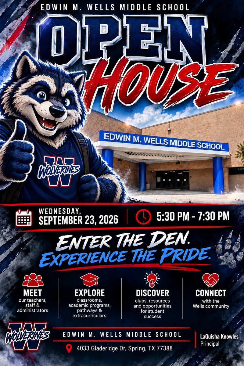 WellsWolverines's tweet photo. Wolverine families, come connect with our teachers, visit classrooms, and see all the great things happening at Wells Middle School! β€οΈπ€π
π
September 23rd
β° 5:30β7:30 PM
π 4033 Gladeridge Dr.
We canβt wait to welcome our Wolverine families! πΎ #WinningWells #OpenHouse https://t.co/8M83SGlDks