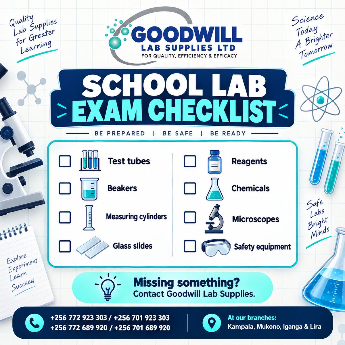 goodwilllab's tweet photo. Is your school laboratory ready for practical exams? 🧪🔬

Use this quick checklist to make sure the essentials are in place before exam day.

Missing something? Goodwill Lab Supplies Ltd can help.

📞 +256 772 923 303 / +256 701 923 303
📍 Kampala | Mukono | Iganga | Lira https://t.co/TjmcwjLVtw
