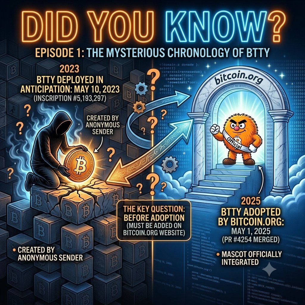mrayoubixx's tweet photo. On May 1, 2025, the mascot was officially merged on https://t.co/kaZovg1IEb.
But on May 10, 2023 — nearly two years BEFORE adoption — $BTTY $bitty was already inscribed on Bitcoin.
A pure premonition or a secret genesis? ⚡
#Bitcoin #BRC20 #BTTY #Ordinals https://t.co/BHs535zwRd