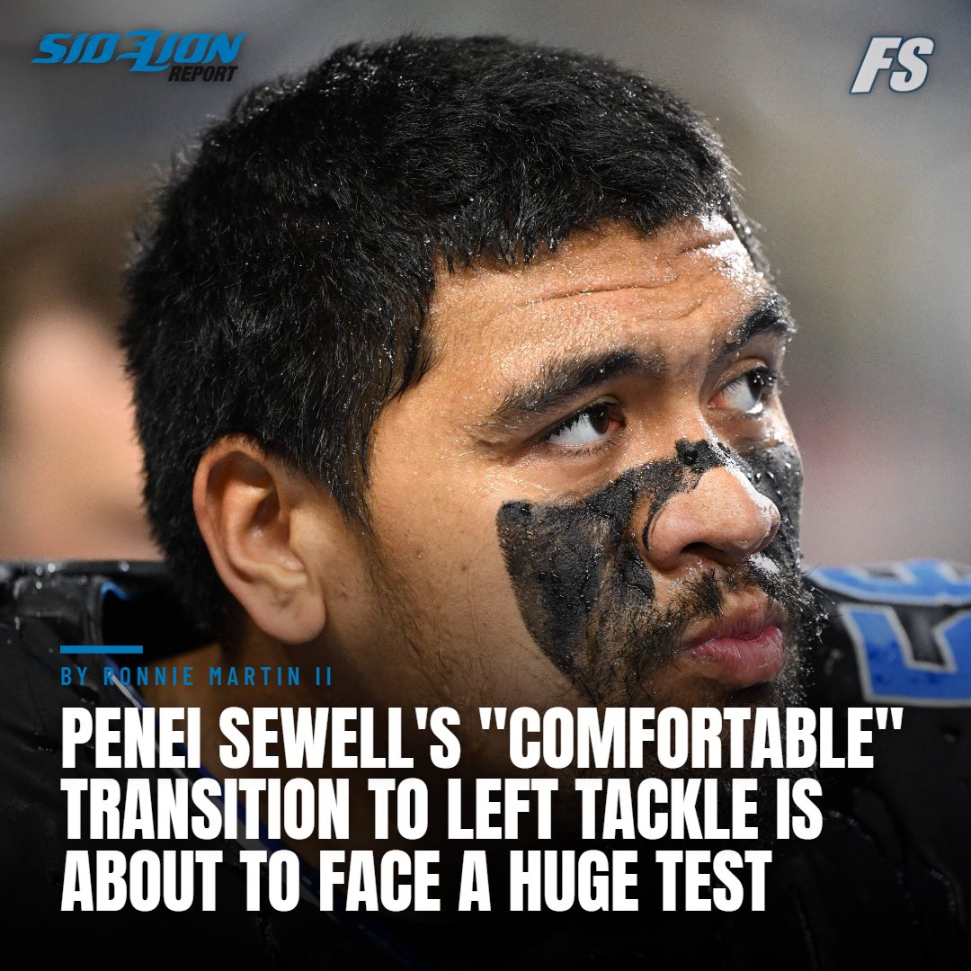 writeronnie's tweet photo. Star #Lions OT Penei Sewell has permanently moved to left tackle for the first time as a pro, and he’s about to get tested: https://t.co/Zx5OQ5qr4t https://t.co/tf5B1mQAwn