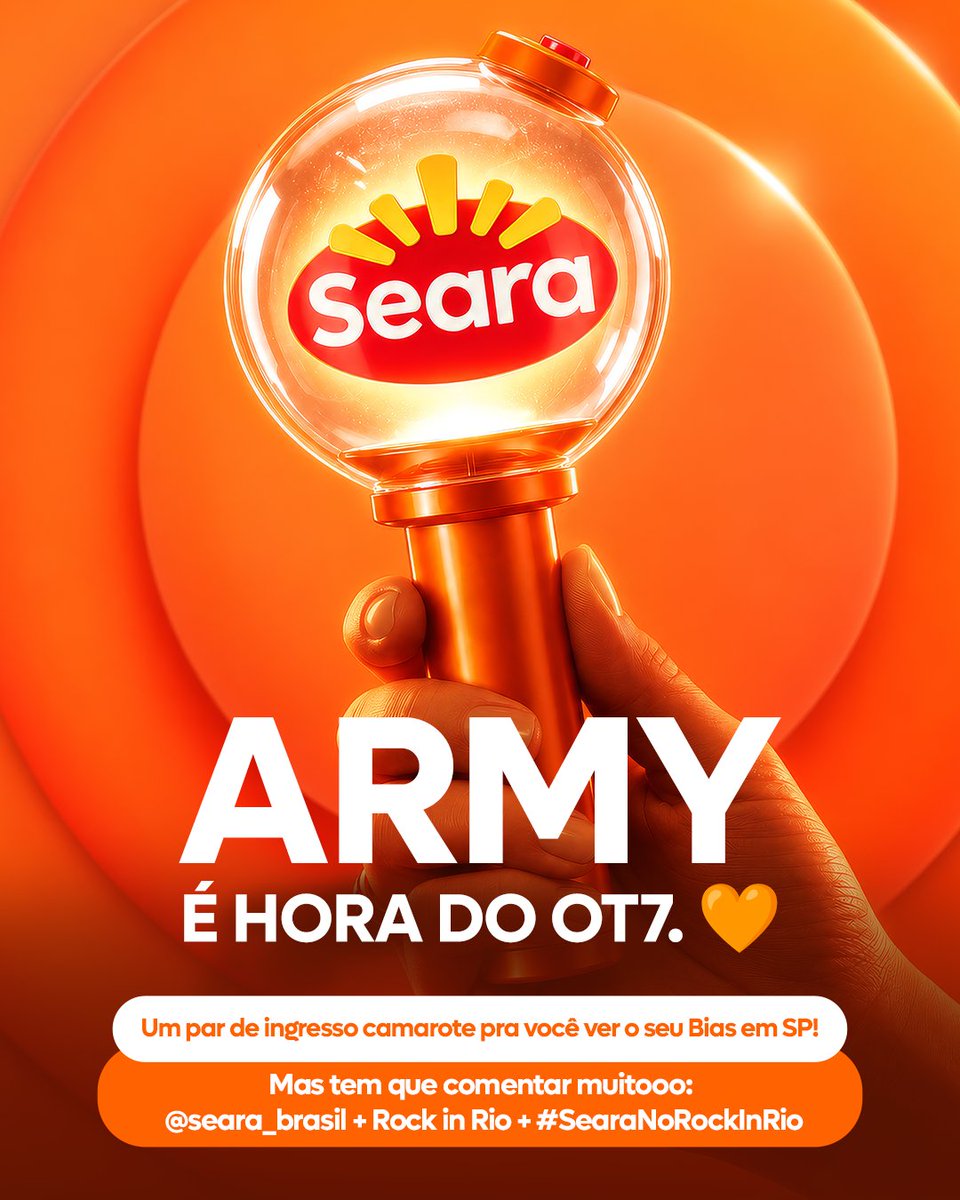seara_brasil's tweet photo. O ADM avisou que amou assistir um show de KPOP 🫰🏼 

Agora é com vocês ARMYS. 

Ouvi dizer UM PAR DE INGRESSO CAMAROTE para ir ver o seu BIAS?

Com 20k comentários, o mais engajado marcando @seara_brasil + Rock in Rio + nossa hashtag vai levar!

Vem comentar até 13/09 às 21h. https://t.co/GuqBuMNX4l