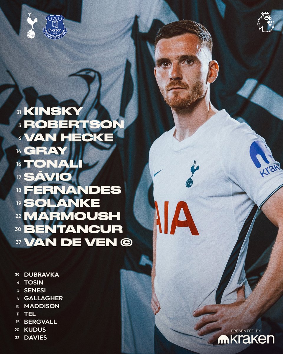 SpursOfficial's tweet photo. Our Spurs side to take on Everton 👊

🔢 @krakenfx https://t.co/n637s7swiD