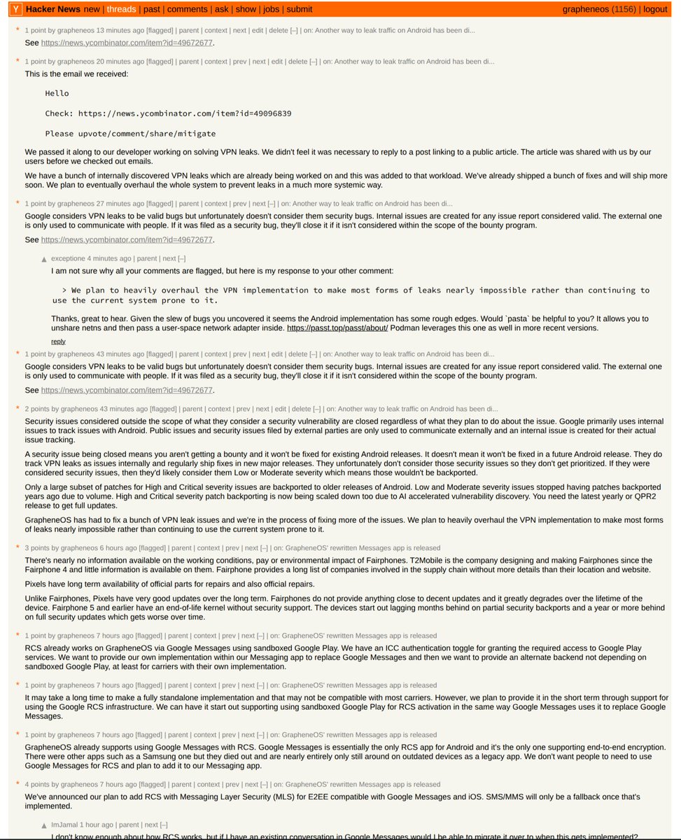 GrapheneOS's tweet photo. Nearly all of the recent posts we've made on Hacker News are now being flagged which hides them from everyone by default. You can see this if you log into an account and enable "showdead" in your settings. Please vouch for our posts if you can do that.

https://t.co/Sg7IJt0w7u https://t.co/9QKBqaoB9E