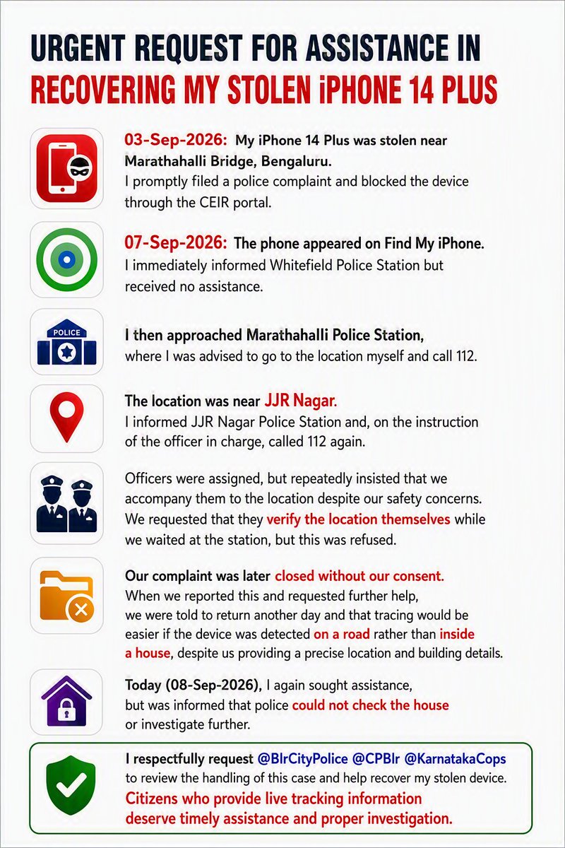 rajatgahlot2001's tweet photo. Stolen iPhone 14 Plus. Shared live location and exact address, but no effective action and complaint closed without consent.

Kindly help @BlrCityPolice  @CPBlr  @KarnatakaCops  @DgpKarnataka 

#iPhoneTheft #Bengaluru #CEIR #FindMyiPhone #Marathahalli #CitizenSafety https://t.co/klJSxOSwIb