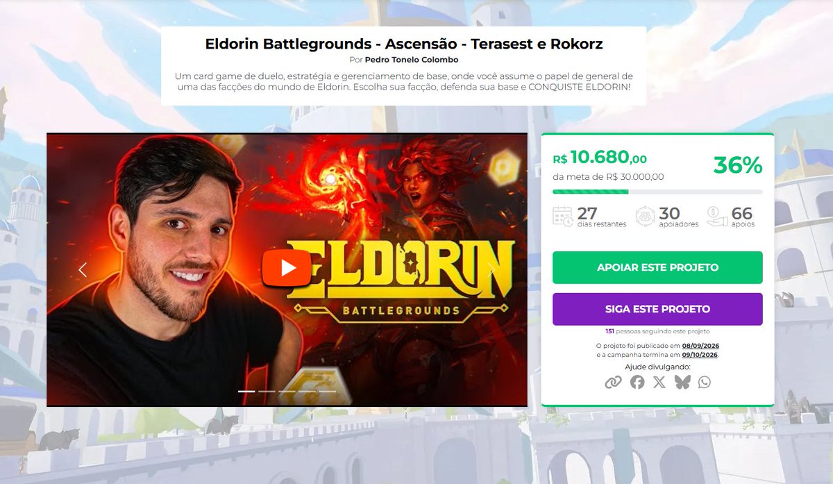 ptonelo's tweet photo. Galera, queria trazer pra voces que a Campanha de Financiamento Coletivo do Eldorin está ativa na Meeple Starter e precisamos da sua ajuda para fazer nosso universo se tornas realidade! Estamos com 36% da Meta! Se tu curte Card Game e quer apoiar um projeto nacional, é a hora! https://t.co/ZkNf2V7HaH