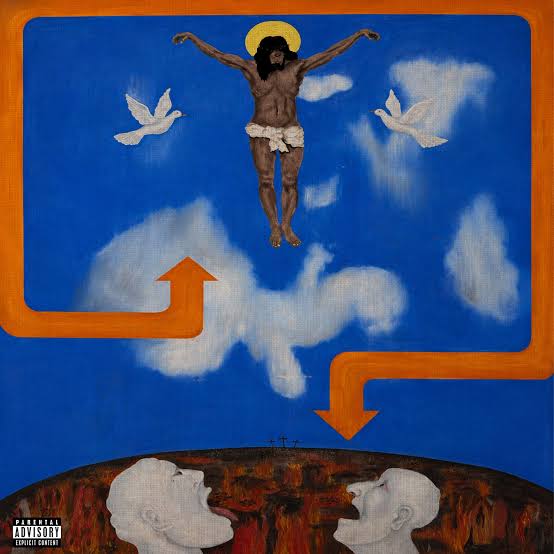 Religious artwork showing a crucified figure with a gold halo surrounded by white doves against a bright blue sky with clouds, with an orange arrow pointing upward toward the figure and downward toward a brown earth below featuring two white face silhouettes.
