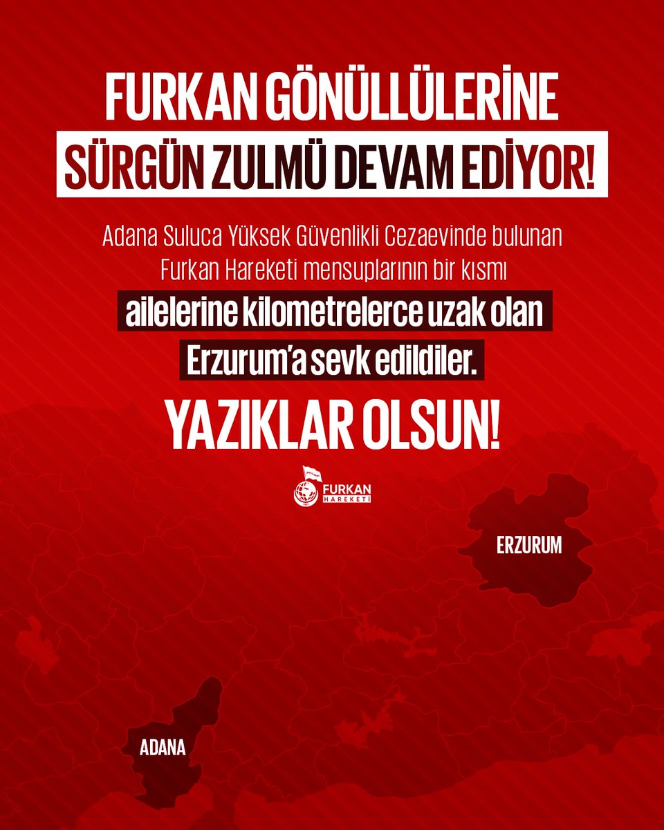 fhengellenemezz's tweet photo. Furkan Gönüllülerine SÜRGÜN ZULMÜ DEVAM EDİYOR! 

Adana Suluca Yüksek Güvenlikli Cezaevinde bulunan Furkan Hareketi mensuplarının bir kısmı ailelerine kilometrelerce uzak olan Erzurum’a sevk edildiler. 

YAZIKLAR OLSUN!

FurkanGönüllülerine Ozgürlük
AlparslanHocaya Ozgürlük 
SemraHocaya Ozgürlük