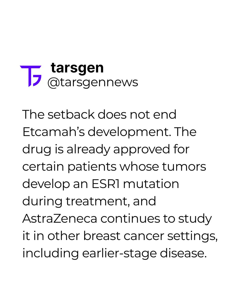 Tarsgen's tweet photo. 🧬 AstraZeneca’s Etcamah missed the primary endpoint in the Phase 3 SERENA-4 breast cancer trial.

The combination failed to show a statistically significant progression-free survival benefit over the comparator treatment.

#Biotech #BreastCancer #AstraZeneca https://t.co/AU6lHwvvZn