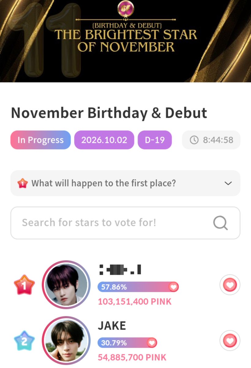 jakeyclub's tweet photo. we have 3 ongoing birthday voting for #JAKE and one male individual ranking. make sure that you all are participating as much as you can and encourage others to vote as well. PLEASE GIVE MORE ATTENTION TO JAKE’S VOTINGS.

✶ FANDORA (November Ultimate Birthday Ranking)
current rank: 1st
🎯: rank 1
📆: sept 11 - sept 21
🗳️: minimum 100 hearts

✶ IDOKI (November Birthday Vote & Male Individual Ranking)
current rank: 2nd
🎯: rank 1
📆: sept 1 - sept 20 & sept 30
🗳️: daily hearts (exp daily at 00:00 KST)

✶ GIFTIFAN (November Birthday Vote)
current rank: 2nd 
🎯: rank 1
📆: oct 2
🗳️: pink energy