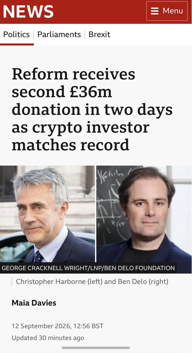 King0243_PJC's tweet photo. 🚨 BRITISH DEMOCRACY IS DEAD. 🚨

Nigel Farage didn’t just pocket an undeclared £5M cash "gift" from crypto tycoon Christopher Harborne. 

He literally marched into the Bank of England to lobby the Governor against stablecoin limits that would hurt Harborne's business!

Now Harborne drops a record £36,000,000 into Reform's war chest.
This isn't a political party, it's a corporate coup. 

Nigel Farage is a cheap asset being used to auction off our country to offshore oligarchs. 

Why isn't there a criminal investigation into this blatant corruption?! 

WE ARE DOOMED. #ReformUK #DemocracyForSale