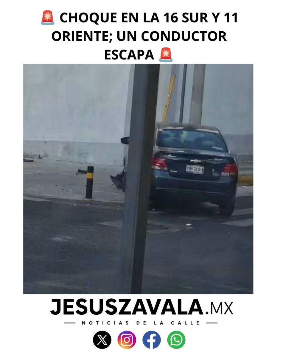 _jesuszav's tweet photo. 🚨CHOQUE EN LA 16 SUR Y 11 ORIENTE; UN CONDUCTOR ESCAPA 🚨
💥Un #choque entre un Aveo azul y un Tsuru negro se registró en la 16 Sur y 11 Oriente, en #Puebla.
‼️ El conductor del Tsuru habría huido del lugar después del accidente. https://t.co/02dJlWJMdD