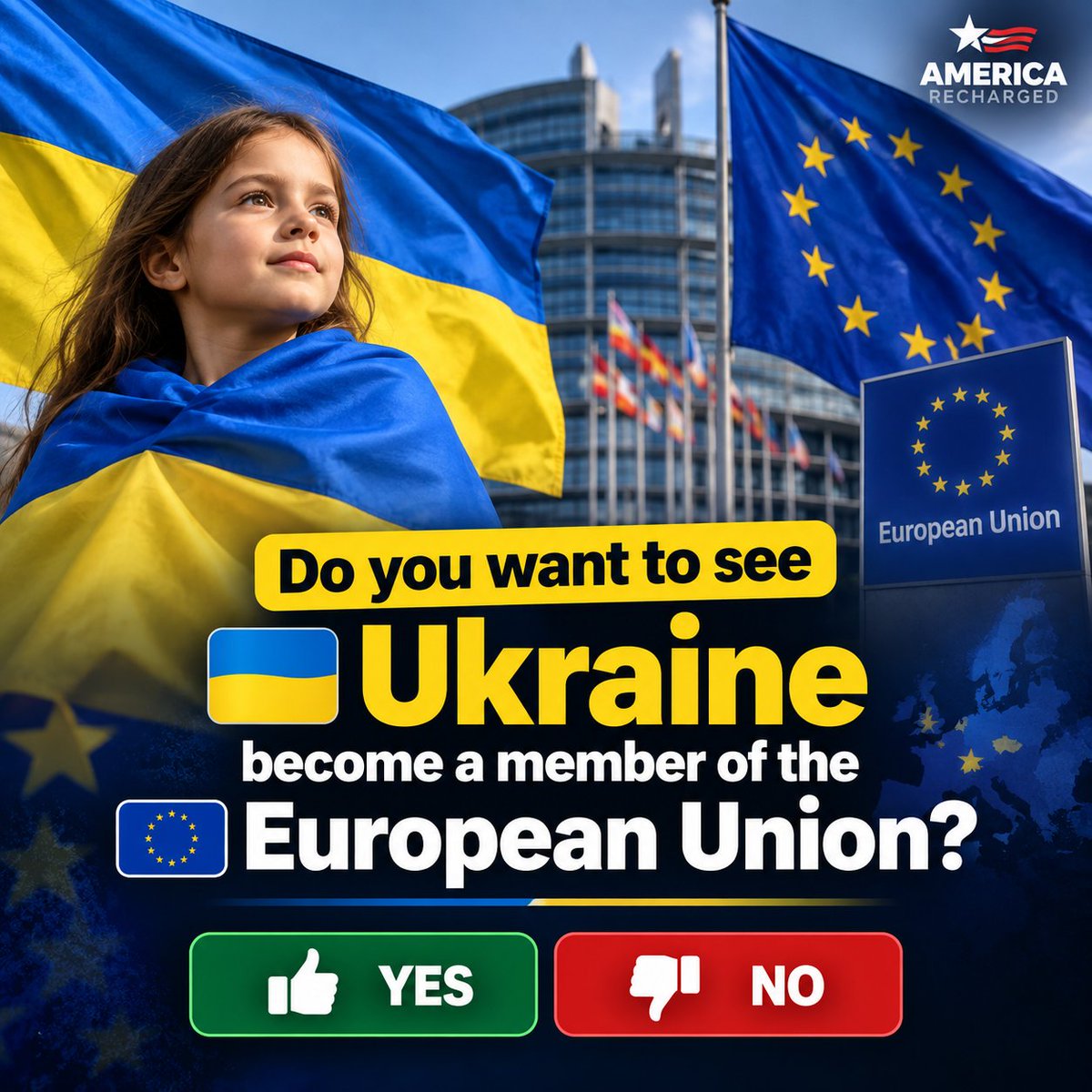 AmericaRecharge's tweet photo. 🇺🇦🇪🇺 Big question for Europe:
Should Ukraine join the European Union?

A) Yes 🟢 

B) No 🔴 

Would it strengthen Europe—or create more problems? https://t.co/c7e8DJtxqF