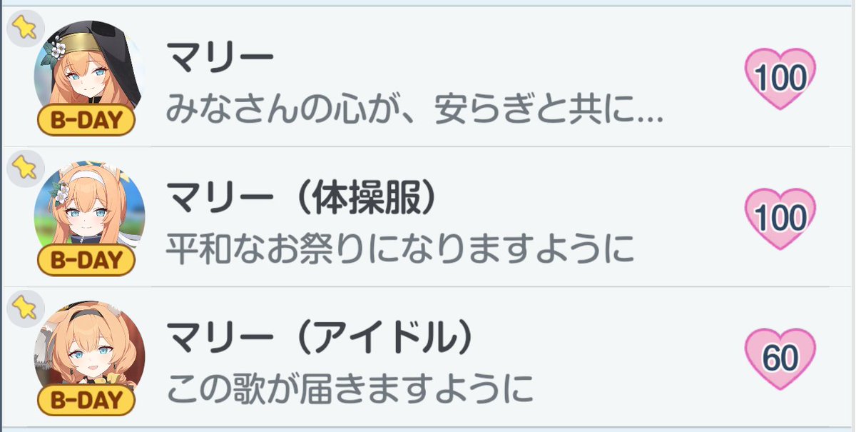 KAMON_GAMES's tweet photo. アイドルマリーの絆は今60なんだけどそうりきボーダーで確認すると今ある贈り物でも絆81までは上がるらしい
カフェタッチ1日8回続けるとそこから90くらいまで上がるはずだから1年で90→100の贈り物を準備すれば良いから割と安泰かな
総力戦大決戦用生徒に今年以上に多めに上げても大丈夫そうだ https://t.co/w8TpskxF3H