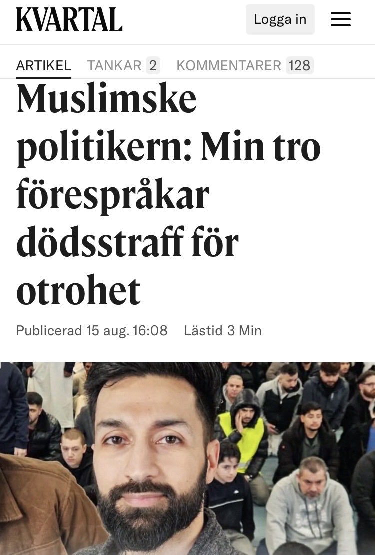 X_traVanlig's tweet photo. @Adel_A_Sadat Idioter som inte kan anpassa sig till svensk lag och kultur och dessutom vill ha dödsstraff skall ut härifrån med huvet före!!!

https://t.co/dH1xF64u42 https://t.co/YlPJDS4vqB
