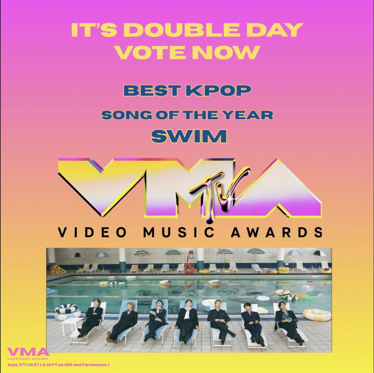 USBTSARMY's tweet photo. 🚨 ARMY, POWER HOUR IS ON! ⚡💜
Time to DOUBLE DOWN for #SWIM by BTS at the #VMAs! 🌊
🔥 20 VOTES per category, per account
🏆 Song of the Year
🏆 Best K-Pop
🔗 https://t.co/8xlmW3u2sk
Vote in BOTH categories &amp; max them out! 
Let’s make this hour COUNT! 🗳️🔥 https://t.co/Hp58ioUpMl