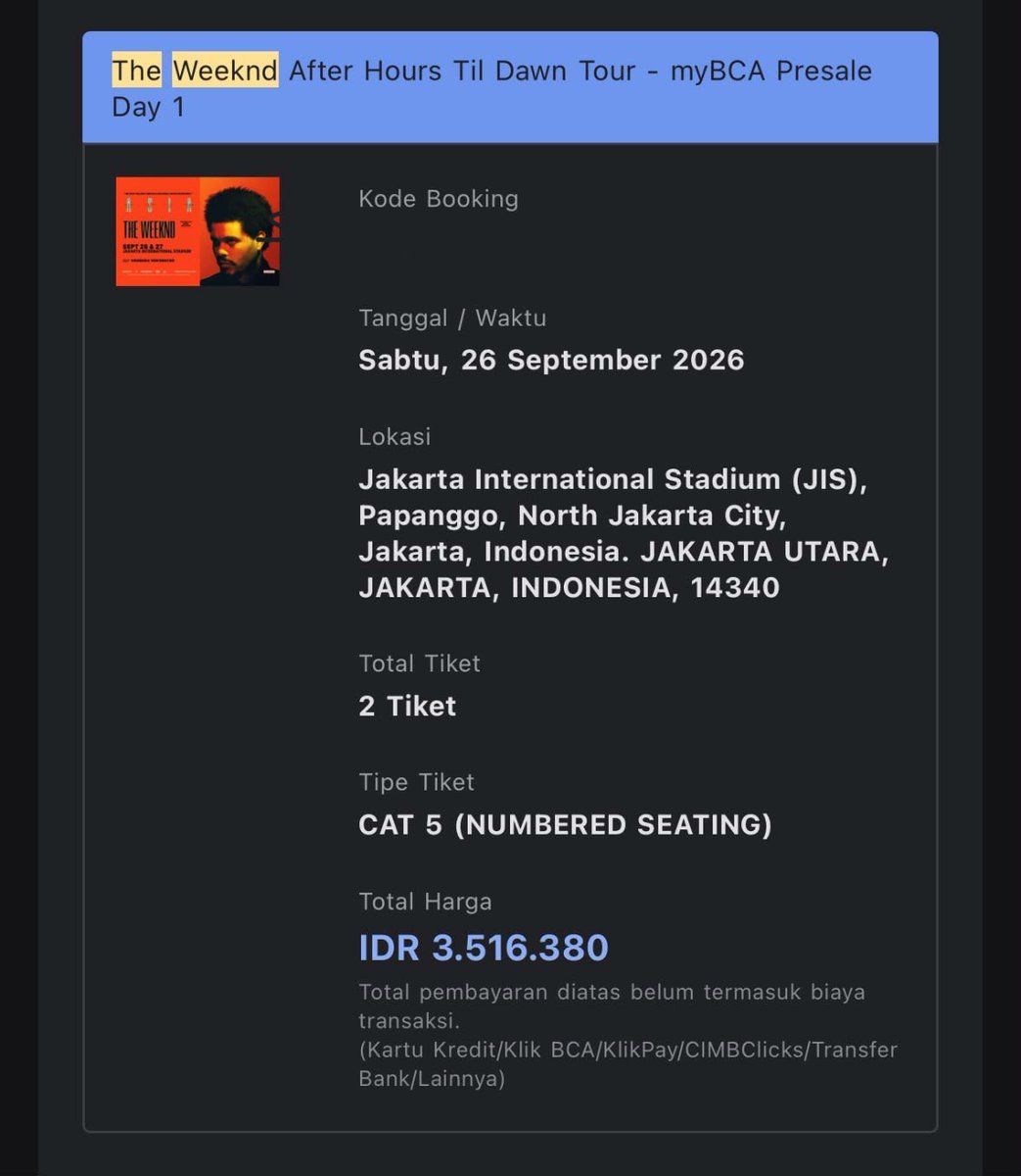 eleatooon's tweet photo. 🎫 WTS THE WEEKND — JAKARTA 2026 🖤

2 TIKET • CAT 5 Numbered Seating
📅 26 Sept 2026 | 📍 JIS
💸 3.300 / 2 TIKET — NEGO SAMPAI DEAL!
🤝 COD available Jabodetabek
📩 Serious buyer DM! 

#TheWeekndJakarta #TheWeekndIndonesia #WTSTheWeeknd #WTSTicket #TiketKonser #KonserJakarta https://t.co/2hnFsXNhjs