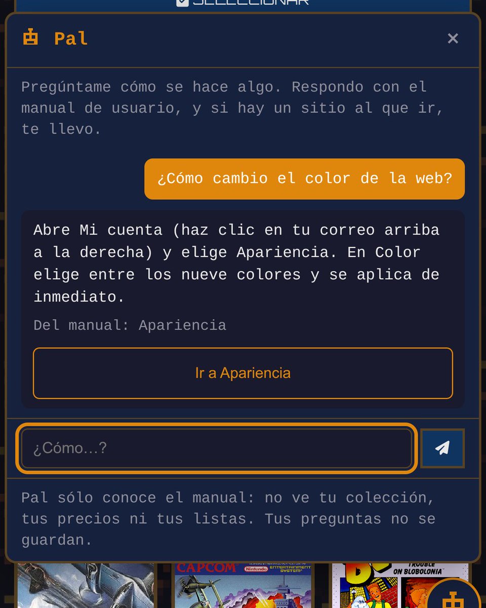 JavocSoft's tweet photo. Le he puesto un asistente que no te dice «ve a Ajustes → Apariencia». Te lleva.

Abre la pantalla, pulsa el botón de verdad y te deja mirando el sitio, resaltado un segundo.

Tres cosas que lo hacen distinto de un chat pegado en una esquina:

🔹 Pulsa el mismo botón que pulsarías tú. El día que yo cambie dónde está algo, te lleva al sitio nuevo sin que nadie tenga que acordarse de avisárselo.
🔹 Sólo sabe ir a los sitios que existen. No puede mandarte a una página inventada porque no elige páginas: elige de una lista que le he dado yo. Y si le pides algo que tu cuenta no tiene, te lo dice.
🔹 Responde leyendo el manual. Si algo no está explicado, lo dice en vez de rellenar.

https://t.co/J3E4CAQgQz