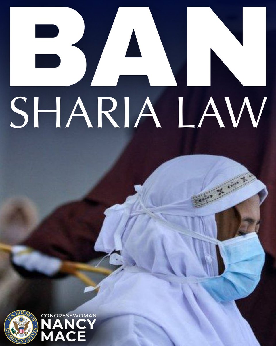 RepNancyMace's tweet photo. Sharia law has NO place in America.

We are cosponsors of the Preserving a Sharia-Free America Act, legislation which denies visas, entry, and immigration benefits to any alien who adheres to Sharia law. It also revokes immigration benefits and removes Sharia adherents already here.

America was built on the Constitution. Not foreign laws undermining it.
