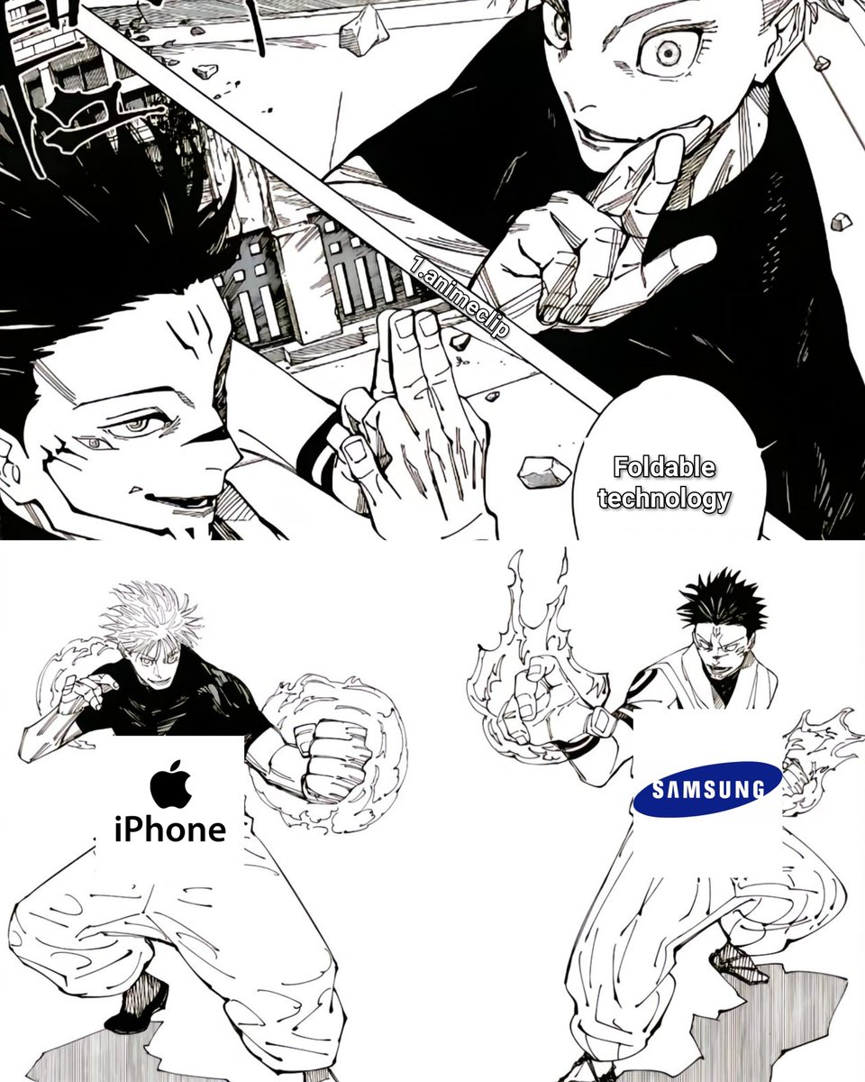 1animeclip's tweet photo. Samsung = Sukuna 
Apple = Gojo 
Sukuna is the older and more established one, while Gojo represents the newer generation.

The same idea is used for the phone comparison: Samsung has been making foldable phones for years, while Apple is the newcomer to the foldable-phone market https://t.co/x1NbftcObD