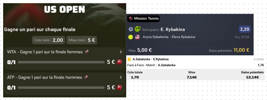ProloDuBet's tweet photo. Défi finale tennis femme #Winamax 🚨

-1.14€ ou remboursé (couverture #Betclic ou #Unibet), oubliez pas de cochez "Mission tennis"

💬 Vous le tentez ?
🔄 RT + Follow pour d'autres défis

#TeamParieur #Freebet #Betclic #Unibet #PMU #Winamax https://t.co/W8j90ziqJd