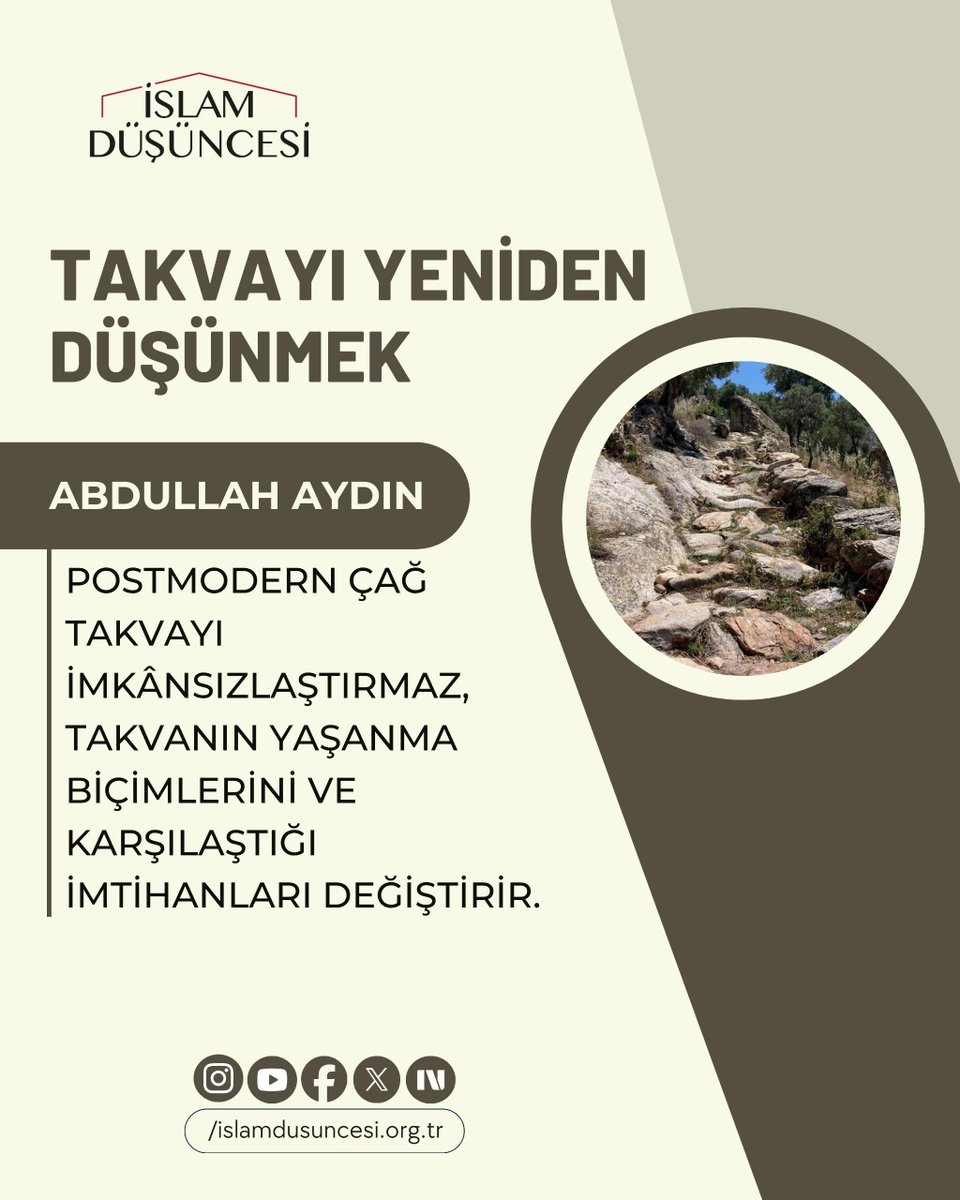 islamdusuncesi_'s tweet photo. ✏️Abdullah Aydın yazdı:

Takvayı Yeniden Düşünmek

https://t.co/NvIJMFtKTK

❝Postmodern çağ takvayı imkânsızlaştırmaz, takvanın yaşanma biçimlerini ve karşılaştığı imtihanları değiştirir.❞ https://t.co/w9TTWeKL2q