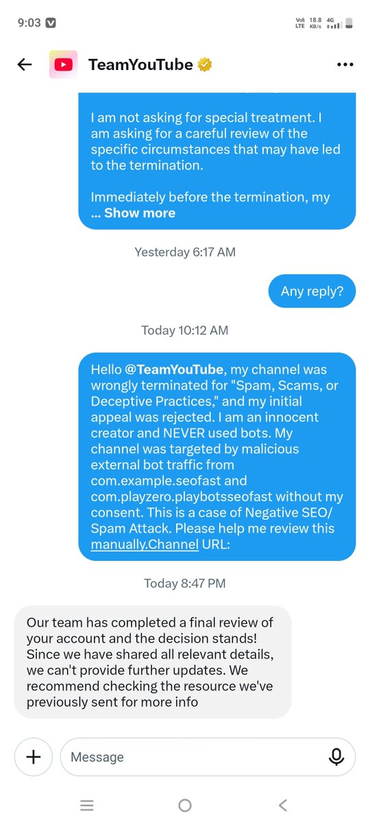 nilay59036's tweet photo. 🤔🤔 @TeamYouTube I respectfully want to ask one final question about my terminated channel, Nilay-er Baithok.
I have seen cases where a creator was initially told that their appeal was rejected and that the decision was final, yet after continuing to request a manual review, the channel was later reviewed and restored.
If a decision can be changed after a further manual review, then I sincerely want to understand why my case cannot receive the same opportunity.
I am a genuine creator. I worked extremely hard for a long time to create my videos, and I genuinely believe I did not use my channel for scams or spam.
Before my termination, my Analytics also showed unusual external traffic that I did not generate, purchase, authorize, or control. I believe this circumstance deserves proper consideration.
I appealed, but my appeal was rejected. Chat Support then told me the decision was final, and @TeamYouTube has now also told me that the final review is complete.
So I respectfully ask: if YouTube believes that my channel violated the Spam policy, please tell me what specific activity/content led to that conclusion. Which video or activity was considered spam? What type of spam was detected, and when did it occur?
I am not asking for special treatment. I am asking for fairness, transparency, and one genuine human review of the complete circumstances.
If the termination is correct, I would at least like to understand what specifically caused it. If it was an error, please correct it and recover my channel.
Channel: Nilay-er Baithok
Channel ID: UCTA1ej6RKdh6BN7RYcO7y_A
Case ID: 3-0272000041226
@TeamYouTube Please hear me out and give my case one fair chance. 🙏