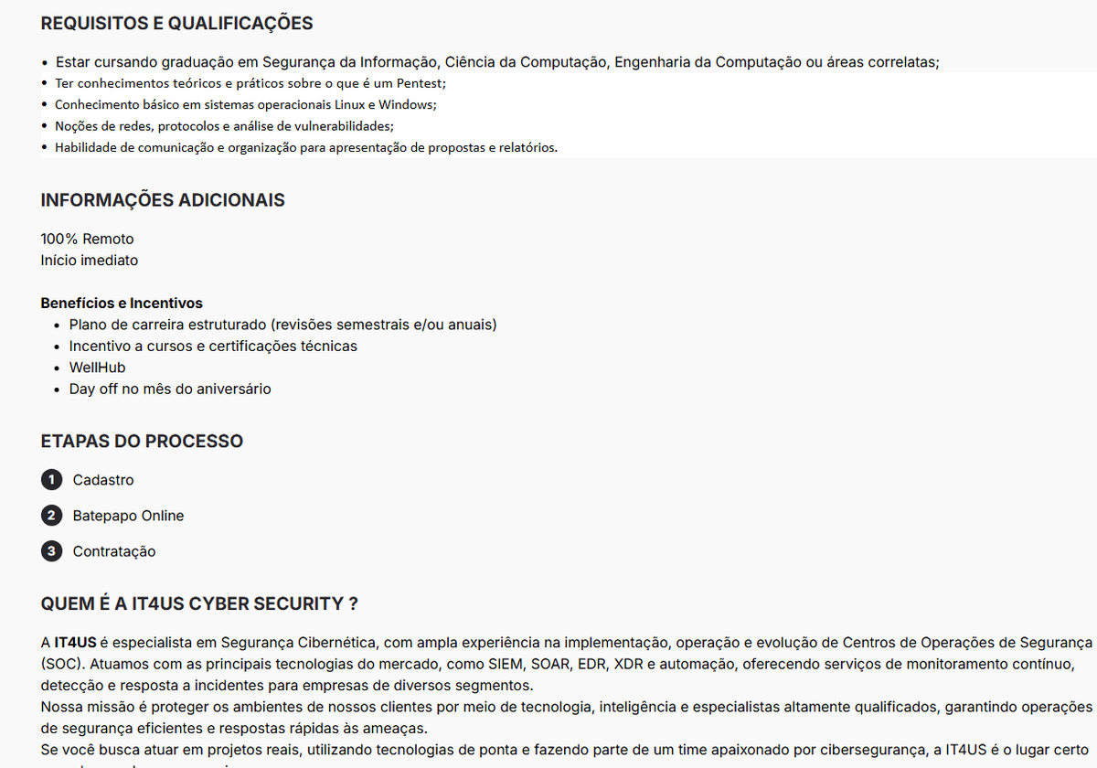 HamiltonSan's tweet photo. ⚠️Pessoal de Cyber, a it4us abriu vaga de estágio REMOTA em RED TEAM, depois se inscrevam https://t.co/hHqhdy9Urn